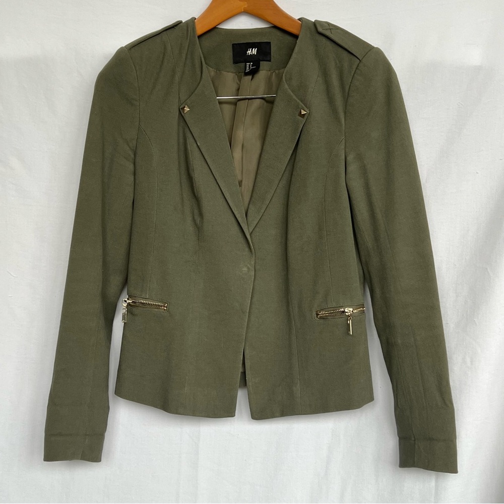 H&M Olive Green Cropped Women's Blazer with Zipper Details
